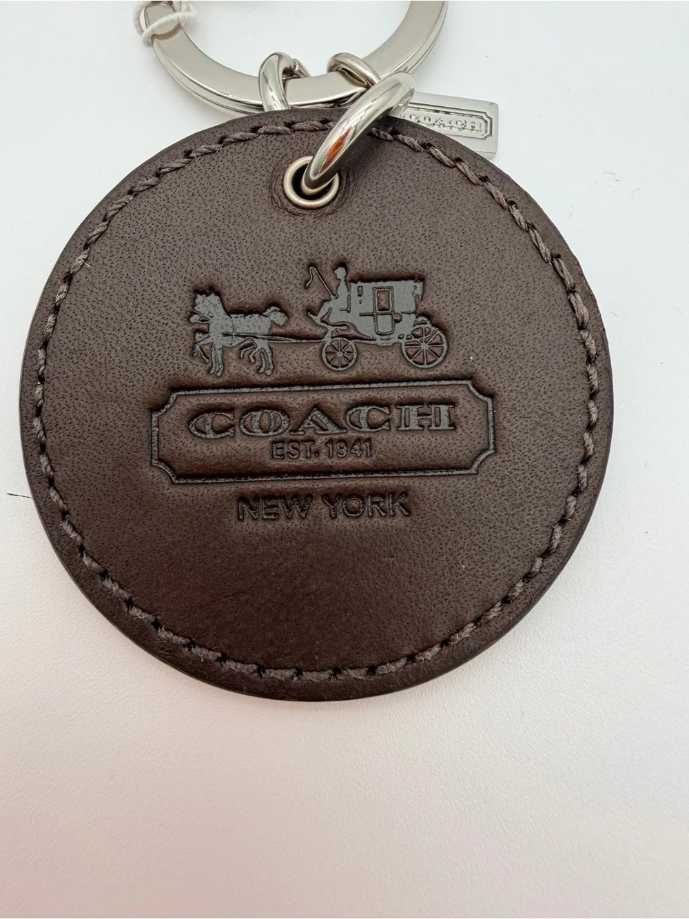 Coach Baseball Patch Leather Keychain Fob Brown Silver Hardware